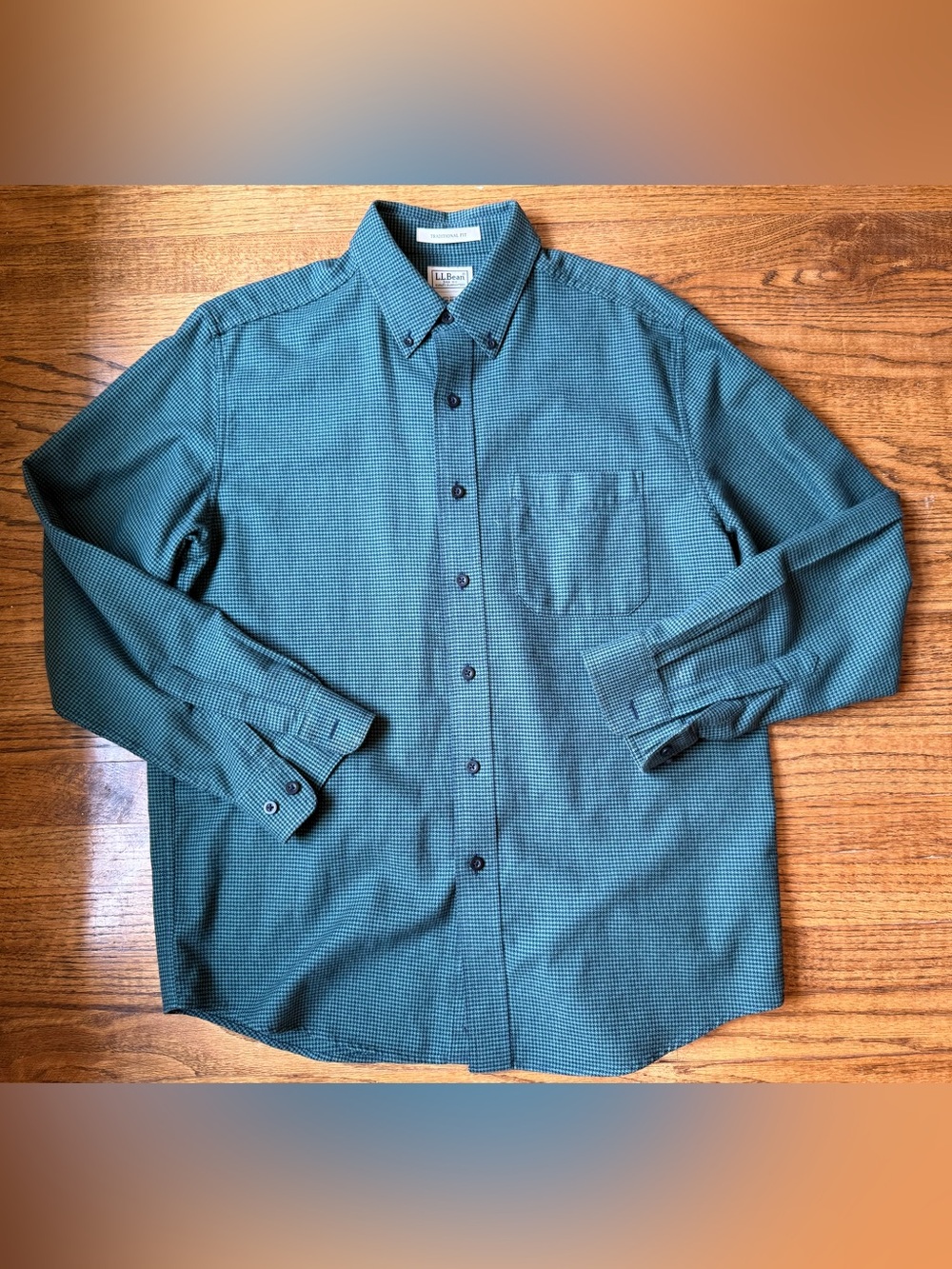 L.L.Bean Traditional Fit Green Navy Houndstooth Microcheck Button Down Shirt